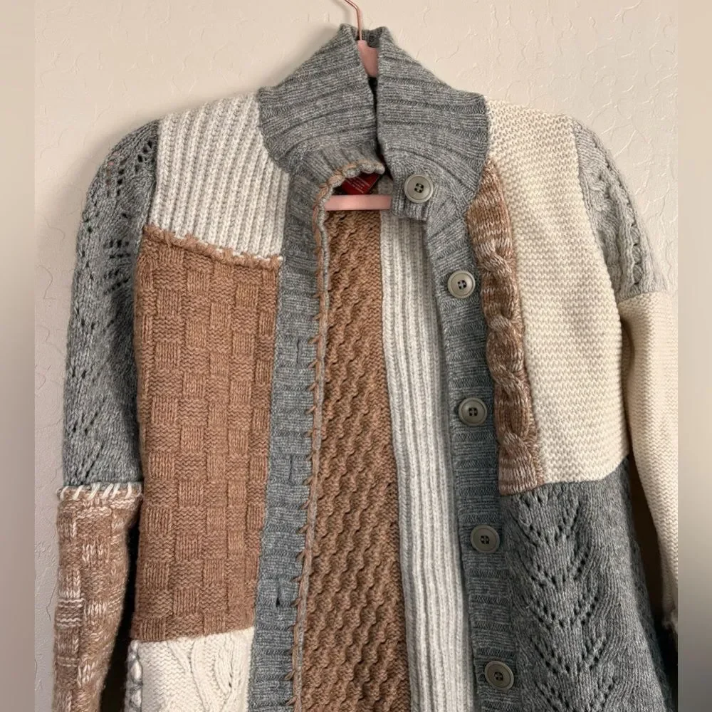 Sundance Multicolor Patchwork Knit Boho Mockneck Cardigan Extra Small